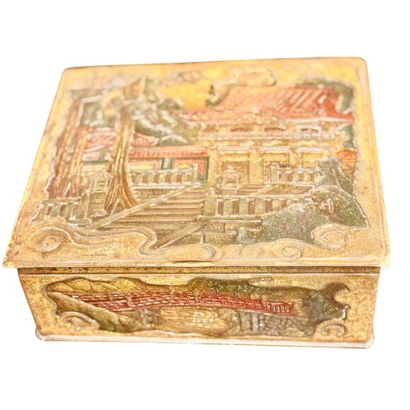 Vintage Embossed Tin Box – Asian Temple Scene – Collectible Storage Decor - Picture 1 of 5